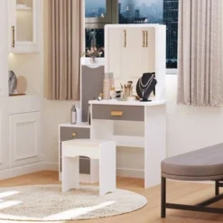 Makeup Vanity Set With Mirror And Stool - Black -Bed Frame Shop d7067134 ac5a 41d2 9866 0c3fa65d3014
