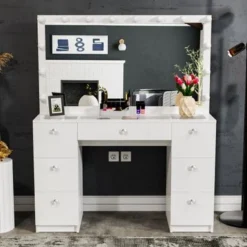 Boahaus Yara Lighted Vanity With Glass Top (White) - White-Crystal Knobs -Bed Frame Shop d716d570 189d 4ebd aff3 3657346ccd7d