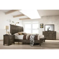 Roundhill Furniture Pavita Classic Gray Finish Sleigh Bed Set, Dresser, Mirror, Night Stand - King