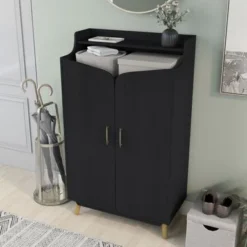 DH BASIC Chic Mid-Century Modern Black With Gold 15-Pair Double-Door Shoe Cabinet By Denhour - No Drawers -Bed Frame Shop d9792d99 453f 4f84 8ec1 bc2a555411ed