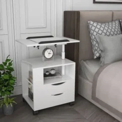 Nestfair 2-Drawer Nightstand With Swivel Top And Wheels - White