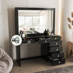 Boahaus Jane Dressing Table, Glass Top, 07 Drawers, Black - N/A - Crystal Knobs -Bed Frame Shop dc4aac77 ac86 400f b06b bad0f5f6b264