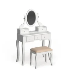 Roundhill Furniture Copper Grove Watt Wood Makeup Vanity Table And Stool Set - White