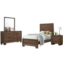 Wooden Twin Panel Bedroom Set In Medium Warm Brown - 4 Piece