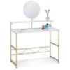 Mcombo Makeup Vanity, White Wooden Marble Pattern Vanity Desk, Makeup Desk With Removeable Vanity Mirror - Shelf