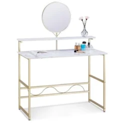 Mcombo Makeup Vanity, White Wooden Marble Pattern Vanity Desk, Makeup Desk With Removeable Vanity Mirror - Shelf