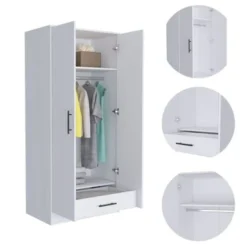 FM Furniture Rio 71-inch Tall Double Door Armoire With 1 Cabinet, 1 Rod, And Hidden Drawer - White -Bed Frame Shop e2abe9e1 507d 46b3 b851 f9079fd6d897