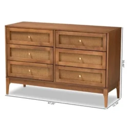 Baxton Studio Ramiel Mid-Century Modern Ash Walnut Finished Wood And Rattan 6-Drawer Dresser - Natural Brown, Gold -Bed Frame Shop e32ad527 e944 4573 b913 6e3ba5598f30