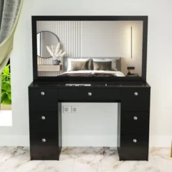 Boahaus Venus Modern Vanity, Glass Top, 07 Drawers - N/A - Black-Crystal Knobs
