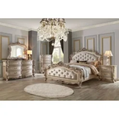 ACME Gorsedd Queen Bed, Cream Fabric And Antique White