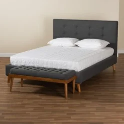 Baxton Studio Valencia Mid-Century Modern 2-Piece Bedroom Set With Dark Grey Fabric Upholstered Bed - Queen -Bed Frame Shop e640a5e1 28c8 42cf bbdb 8b92fb98e19f