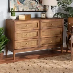 Baxton Studio Ramiel Mid-Century Modern Ash Walnut Finished Wood And Rattan 6-Drawer Dresser - Natural Brown, Gold -Bed Frame Shop e731c83b 44c8 414b a0e4 6a7d4f945fa3