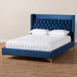 Baxton Studio Contemporary Velvet Upholstered Tufted Glam Platform Bed - Blue - King -Bed Frame Shop e7a0f4f4 cb2e 435f 9f8b 24cd408276fa