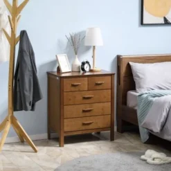 HOMCOM Wooden Dresser Storage Chest Organizer With 5 Drawers And Bamboo Frame, Brown - Brown - 5-drawer