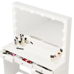 Boahaus Dressing Table, Light Bulbs, White, Mirror, 07 Drawers - White-Gold Knobs -Bed Frame Shop eb2c8574 ad34 4008 9141 0ebbc86e9395