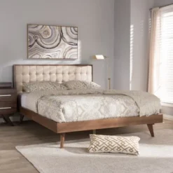 Mid-Century Beige Fabric Platform Bed By Baxton Studio - Full