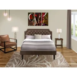 Platform Bed Set - Dark Brown Faux Leather - Black Legs Bed - An Antique Walnut End Table(Bed Size Options) - Queen