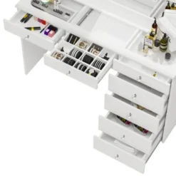 Boahaus Serena Lighted Vanity With Glass Top (White) - White-Crystal Knobs -Bed Frame Shop ed5b20c2 ce33 4bea a471 3b04f2395f7f