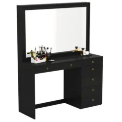 Boahaus Joan Modern Vanity Table, Black, Wide Mirror, 07 Drawers - Black-Gold Knobs -Bed Frame Shop ee60b83d 1738 4be4 ad74 b92b1d62ec97