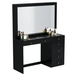 Boahaus Jane Dressing Table, Glass Top, 07 Drawers, Black - N/A - Golden Knobs -Bed Frame Shop ef4dd842 321a 4a9f 8652 85701d8d8dff