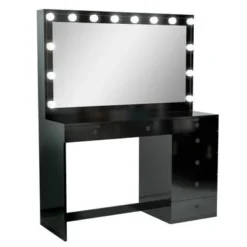 Boahaus Diana Vanity, Light Bulbs, Black, Wide Mirror, 7 Drawers - Black-Gold Knobs -Bed Frame Shop ef52d8b6 0198 4b02 aa1f e3696f08fef7