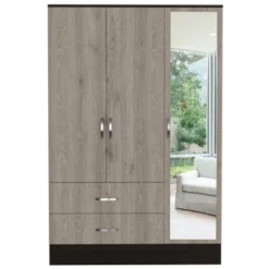 FM Furniture Florencia S Mirrored Bedroom Armoire, With Two Cabinets, Two Drawers And Divisions - Black/Light Gray -Bed Frame Shop f05d0bb4 6c10 4039 9840 704413c8ab8d
