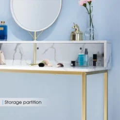 Mcombo Makeup Vanity, White Wooden Marble Pattern Vanity Desk, Makeup Desk With Removeable Vanity Mirror - Shelf -Bed Frame Shop f258b649 aa33 4b19 8628 a07c01485e3d