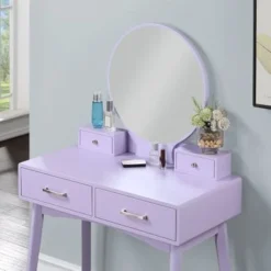 Roundhill Furniture Liannon Contemporary Wood Vanity And Stool Set - Purple -Bed Frame Shop f397c2a6 7dee 4544 9228 674e85bed154