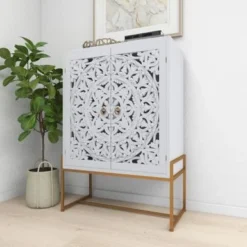 White Or Grey Wood Pine Boho Eclectic Traditional 2 Door Storage Cabinet - Grey -Bed Frame Shop f481dc56 9c89 44b5 b656 16d80215532a