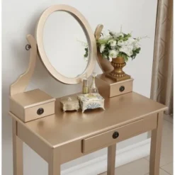 Roundhill Furniture Moniys Wood Moniya Makeup Vanity Table And Stool Set - Gold -Bed Frame Shop f4856289 b95c 4501 9571 d666aadfbefa