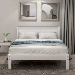 Nestfair Wooden Platform Bed With Headboard And Wood Slat Support - White - Queen -Bed Frame Shop f51ff582 8268 480c 9768 f62804bbf1cb