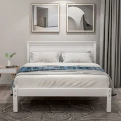 Nestfair Wooden Platform Bed With Headboard And Wood Slat Support - White - Full -Bed Frame Shop f5a86f7a 4d21 4668 bc04 20ab87523de0