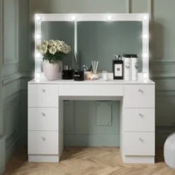 Boahaus Freya White 7-drawer Vanity Dressing Table With Lighted Mirror - White-Crystal Knobs