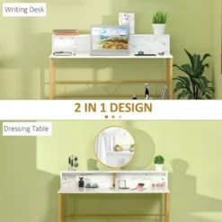 HOMCOM Modern Vanity Makeup Desk With Mirror, Dressing Table, White & Gold - White -Bed Frame Shop f6caed1e 083b 4fe0 ad2c 726b1bb1543a
