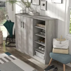 DH BASIC Farmhouse Vintage Grey Oak 10-Shelf Shoe Cabinet By Denhour - Vintage Grey Oak - No Drawers -Bed Frame Shop f7b48a0f 99b2 4881 a7cd 1e0c9fe9dd45