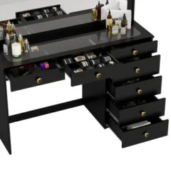Boahaus Jane Dressing Table, Glass Top, 07 Drawers, Black - N/A - Golden Knobs -Bed Frame Shop fbca1c85 75fb 40c6 b9f0 93591ad2c4d3
