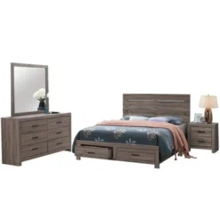 Wooden Queen Storage Bedroom Set In Barrel Oak - 4 Piece