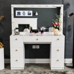 Boahaus Yara Lighted Vanity With Glass Top (White) - White-Crystal Knobs -Bed Frame Shop fcb318b7 488f 4f4a b0a3 3b394629f257