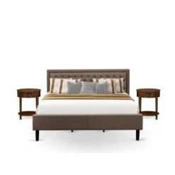 3 Pc Bedroom Set - Platform Bed Frame With Brown Linen Fabric - Button Tufted Headboard- 2 Nightstand (Bed Size Options) - KD18K-2HI08 -Bed Frame Shop fddf0280 3c93 4876 a9bd feae24aa51f0