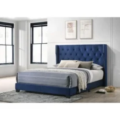 Best Quality Furniture Upholstered Panel Bed Tufted With Side Studs - Navy Blue - Queen