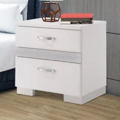 Nightstand With Three Center Metal Glide Drawers In White Gloss Finish - 3-drawer -Bed Frame Shop fe75ccfd 0ed2 416a 9ec5 ef0ba437c764
