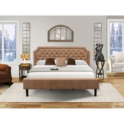 2-Piece Furniture Set With Frame - Distresses Jacobean Night Stand - Brown Faux Leather And Black Legs(Bed Size Options) - GB28K-1DE07