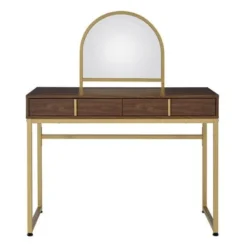 2 Drawers Vanity Desk With Mirror In Walnut And Gold - Walnut And Gold